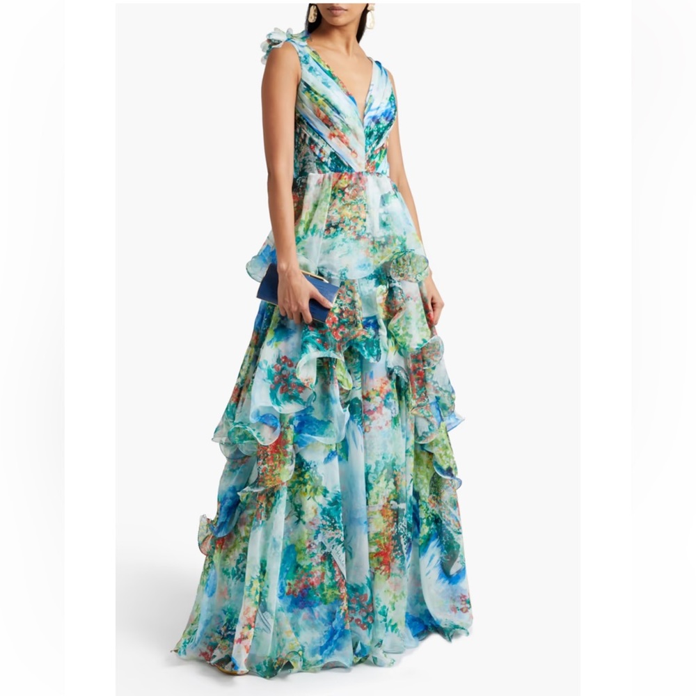Marchesa Notte Tiered Floral-Appliquéd Chiffon Gown